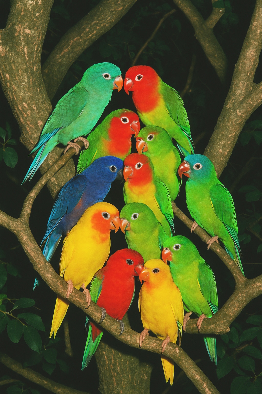 KI-Generiert: erstellt mit Sora (Open AI), Prompt: "fotografie. angeblitz. ein schwarm papageien im baum. very friendly, different colors.", 2025